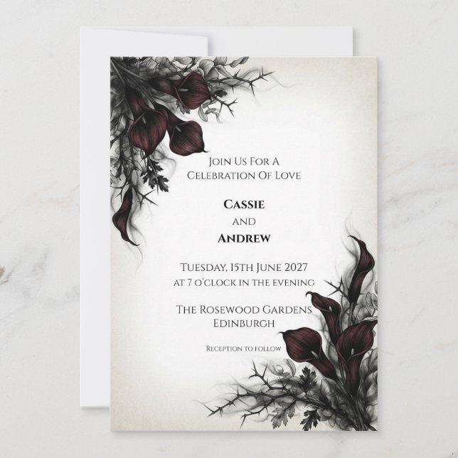 Convite de Casamento Espinho de Lírio Calla Escuro (Frente)