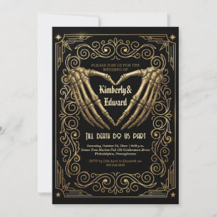 Convite de Casamento Esqueleto Gótico Preto Dourad