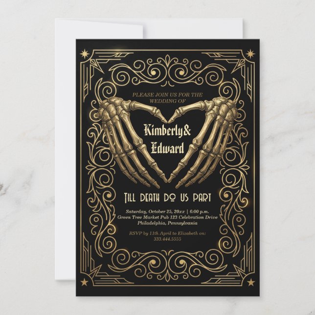 Convite de Casamento Esqueleto Gótico Preto Dourad (Frente)