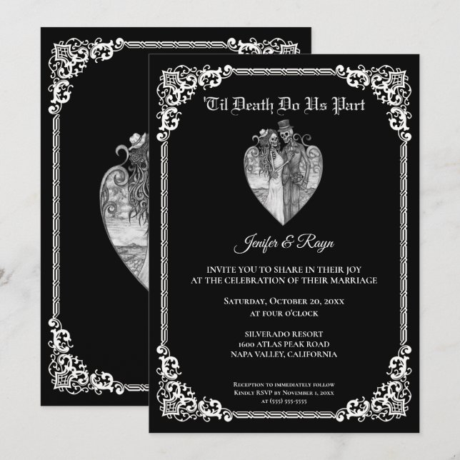 Convite de casamento esqueleto sombrio gótico de H (Frente/Verso)