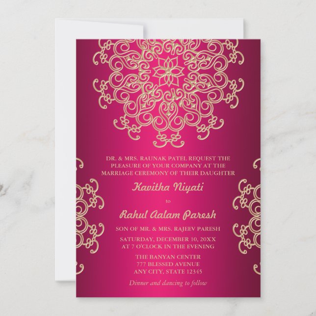 CONVITE DE CASAMENTO ESTILO INDIANO ROSA QUENTE E  (Frente)