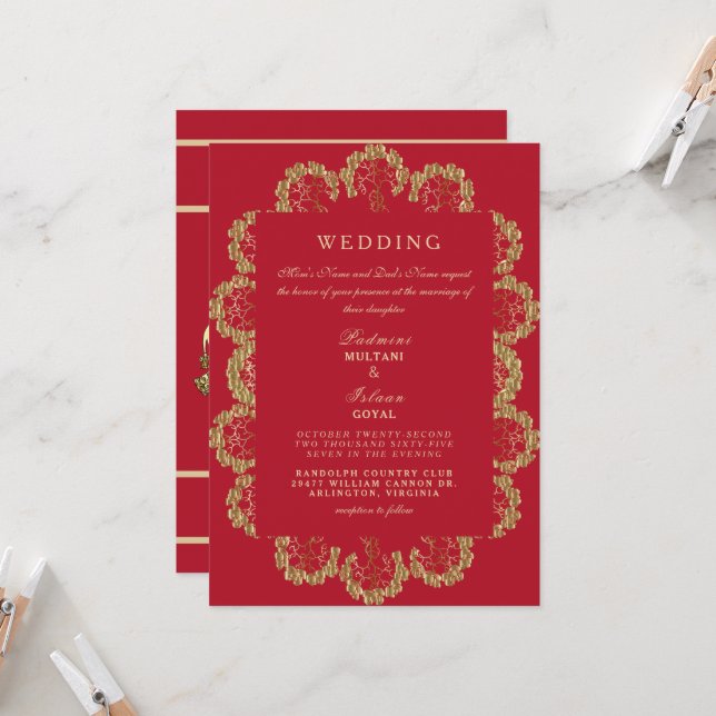Convite de Casamento Estilo Indiano Vermelho e Dou (Frente/Verso In Situ)