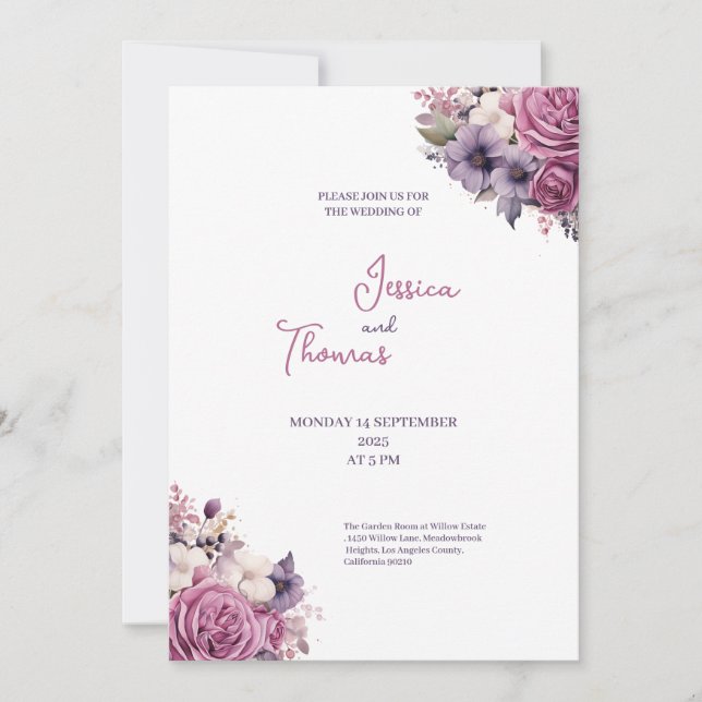 convite de casamento estilo rústico flores roxas (Frente)