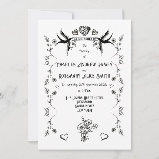 Convite de Casamento Estilo Tatuagem Vintage (Frente)