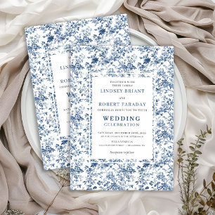 Convite de Casamento Estilo Toile Azul Real Clássi
