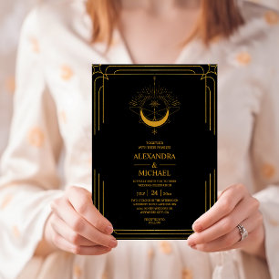 Convite de Casamento Estrelas Celestiais Ouro Pret