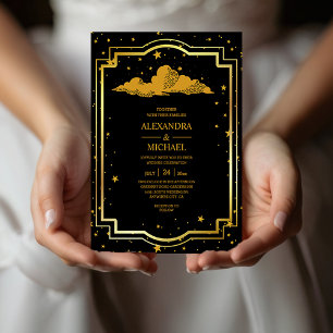 Convite de Casamento Estrelas Celestiais Ouro Pret