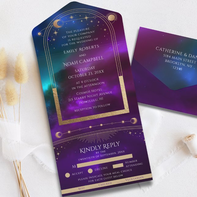 Convite de Casamento Estrelas Sol Lua Roxo Turques (Criador carregado)