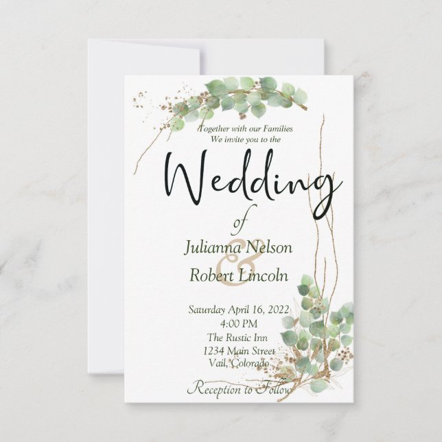 Convite de casamento Eucalipto e dourado (Frente)
