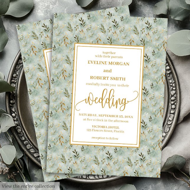 Convite de casamento Eucalipto Verde Dourado Encan (Charming Sage Green Gold Eucalyptus Wedding Invitation)