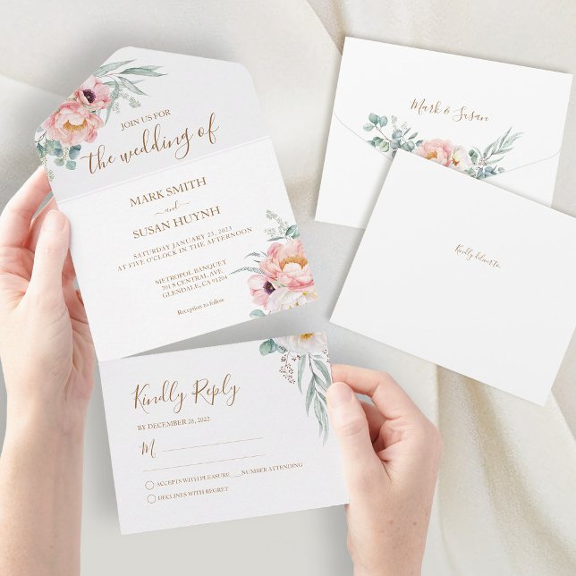 Convite de Casamento Eucalyptus Peonies Tudo em Um (Criador carregado)