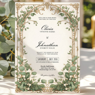Convite de casamento Eucalyptus verde e Dourado