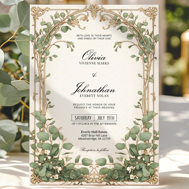 Convite de casamento Eucalyptus verde e Dourado (Criador carregado)