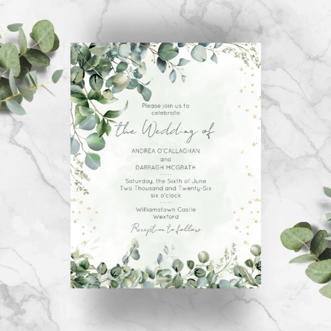 Convite de Casamento Eucalyptus Verde e Dourado 10 (Criador carregado)