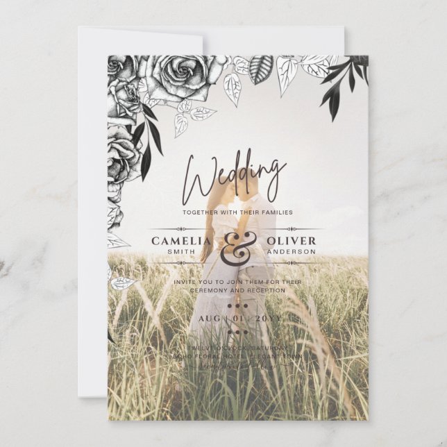 Convite de casamento EXTERIOR DA FOTO Rosas Pretos (Frente)