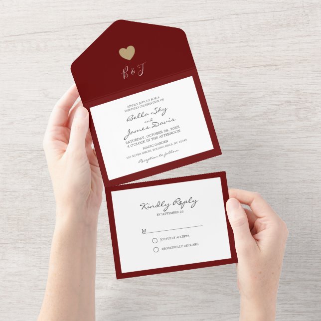 Convite de Casamento Fall Burgundy Heart All in On (Aba destacável)