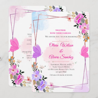 Convite de Casamento Fantasioso Roxo Rosa Floral D