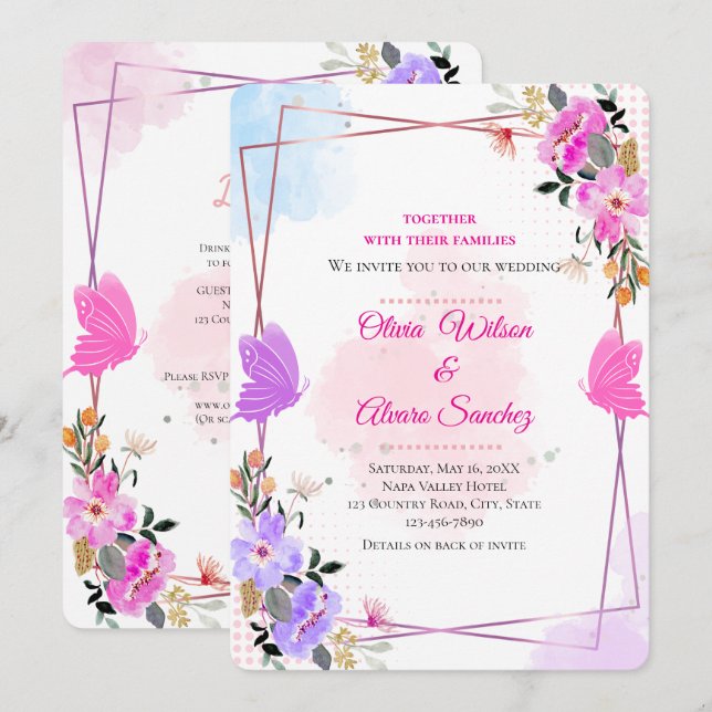 Convite de Casamento Fantasioso Roxo Rosa Floral D (Frente/Verso)