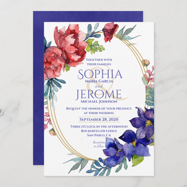 Convite De Casamento | Felicidade Aquarela Floral (Frente/Verso)