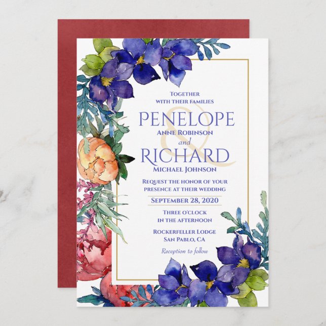 Convite De Casamento | Felicidade Aquarela Floral (Frente/Verso)