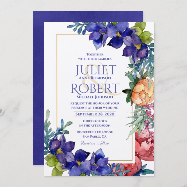 Convite De Casamento | Felicidade Aquarela Floral (Frente/Verso)