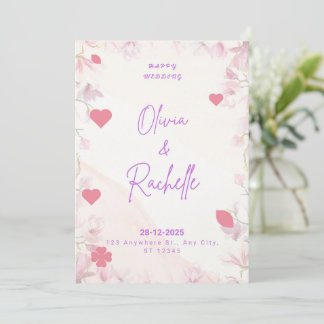 Convite de Casamento Feliz Minimalista Floral Rosa