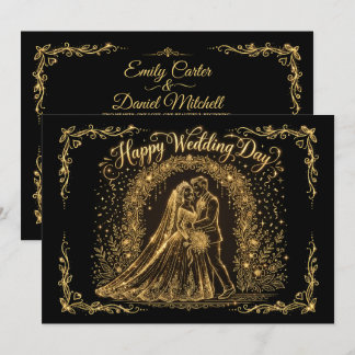 Convite de Casamento Feliz Preto e Dourado Elegant