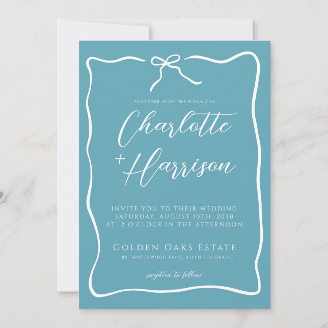Convite de Casamento Fita Azul com Letra Manuscrit (Frente)