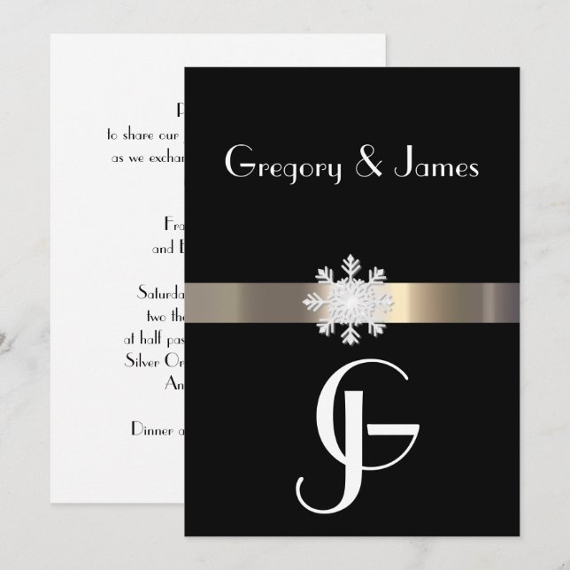 Convite de Casamento Floco de Neve Preto e Dourado (Frente/Verso)