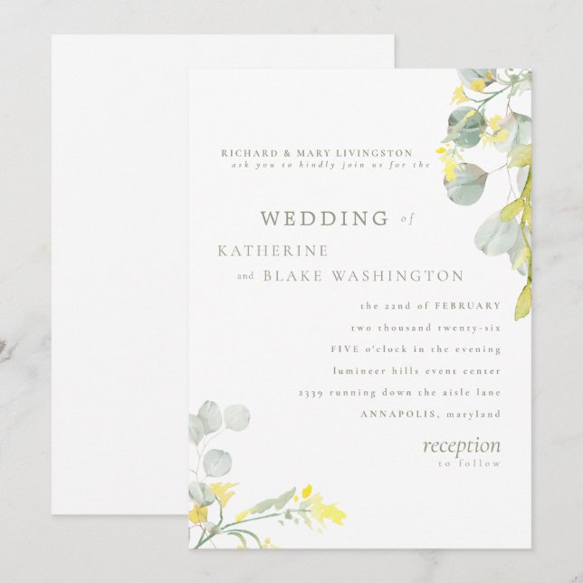 Convite de Casamento Flor Amarela Selvagem & Eucal (Frente/Verso)