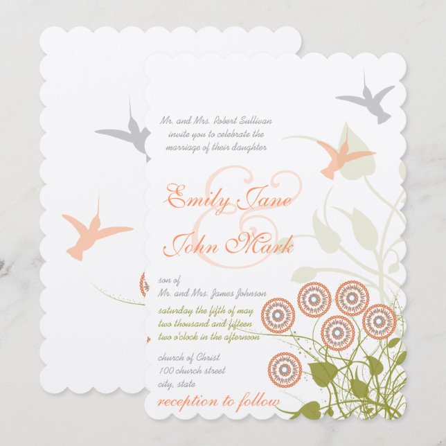 Convite de Casamento Flor & Beija-flor Caprichoso (Frente/Verso)