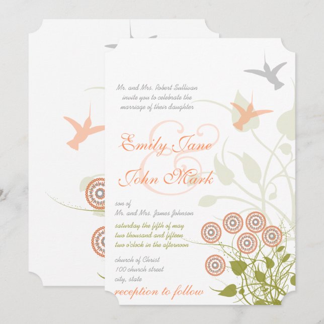 Convite de Casamento Flor & Beija-flor Caprichoso (Frente/Verso)