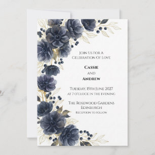 Convite de Casamento Flor de Anêmona Azul Meia-Noi