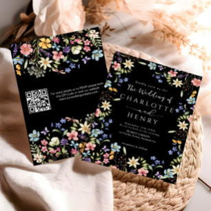 Convite de Casamento Flor de Campo Código QR Preto