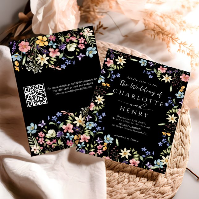 Convite de Casamento Flor de Campo Código QR Preto (Criador carregado)