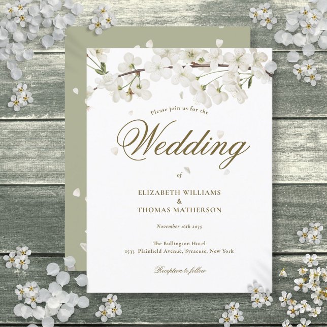 Convite de Casamento Flor de Cerejeira Branco com  (White Blossom Floral Gold Script Wedding Invitation Postcard)