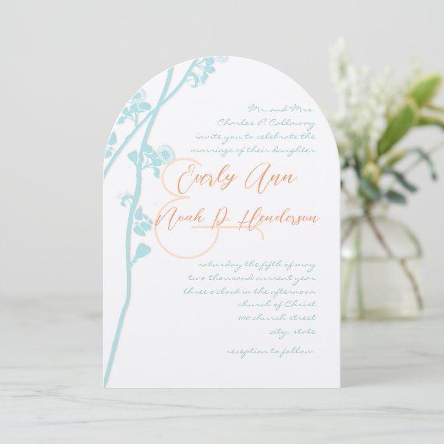 Convite de Casamento Flor de Coral Azul Água (Em pé/Frente)