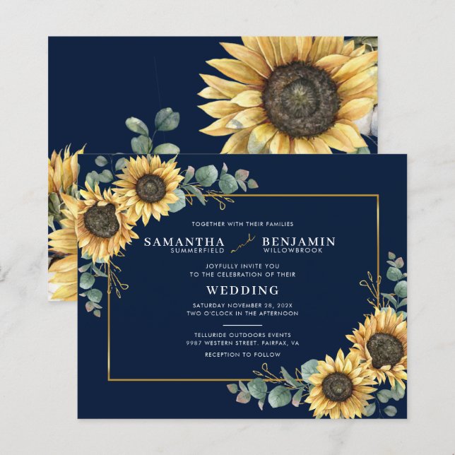 Convite de Casamento Flor de Girassol Eucalipto (Frente/Verso)