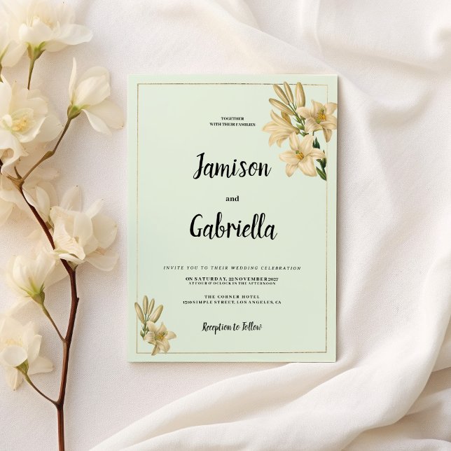 Convite de casamento flor de lírio branca verde me (Gold ivory mint green white lily flower Wedding )