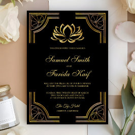 Convite de Casamento Flor de Lótus Preto Elegante