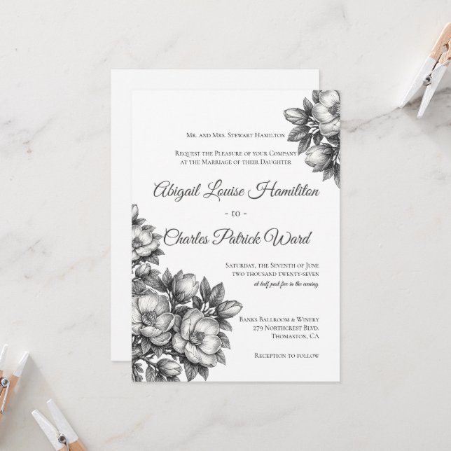 Convite de Casamento Flor de Magnólia Elegante (Frente/Verso In Situ)