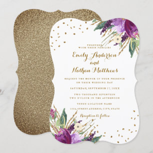 Convite de Casamento Flor de Ouro Roxo Aquarela