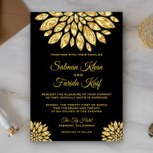 Convite de Casamento Flor Metálica Dourada Ornamen