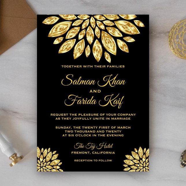 Convite de Casamento Flor Metálica Dourada Ornamen (Criador carregado)