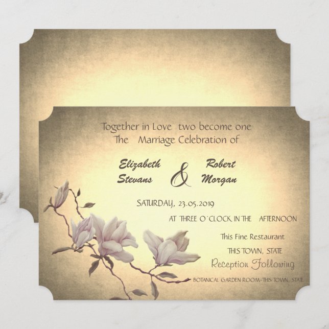 Convite de Casamento Flor Rústica Vintage, Magnóli (Frente/Verso)