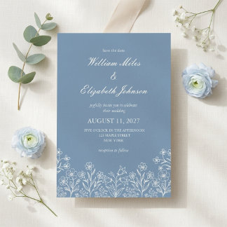 Convite de Casamento Flor Silvestre Azul Desbotado
