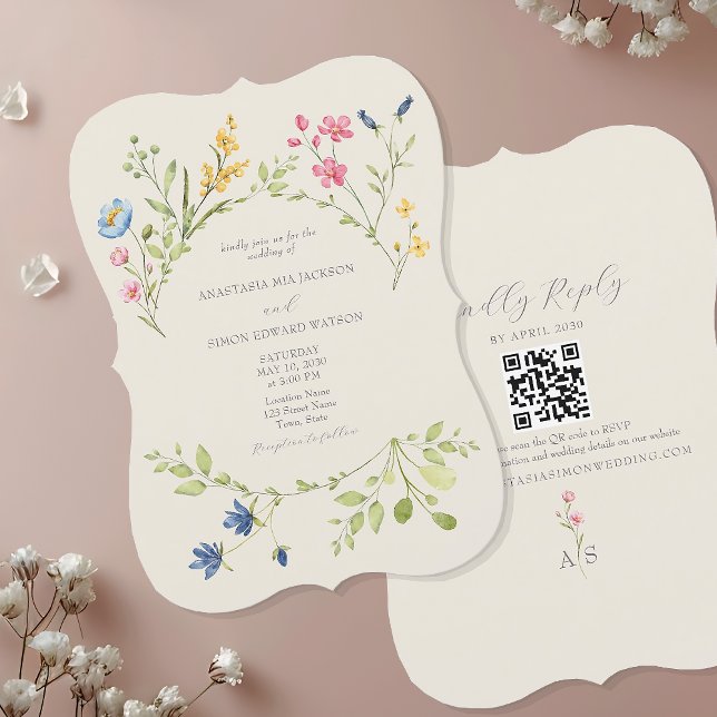 Convite de Casamento Flor Silvestre com Código QR (Criador carregado)