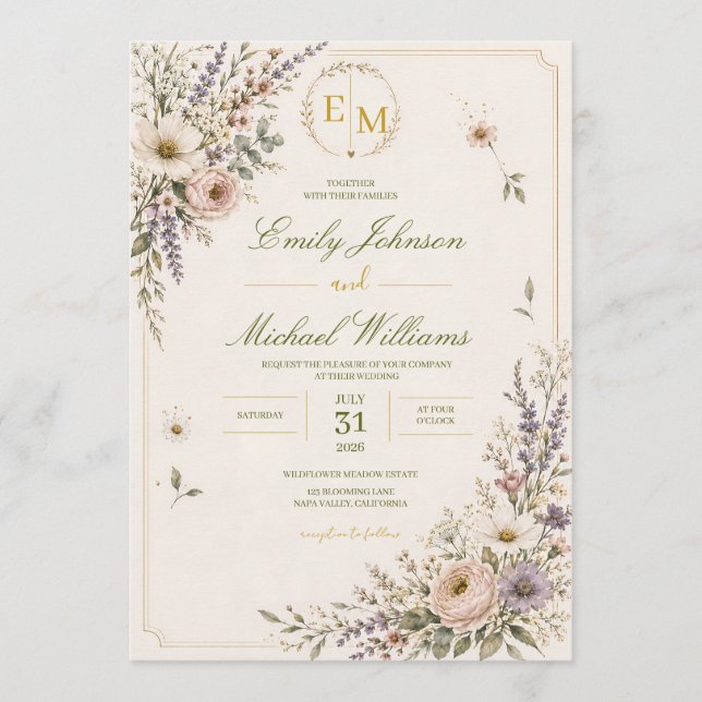 Convite de Casamento Flor Silvestre Elegante (Frente)