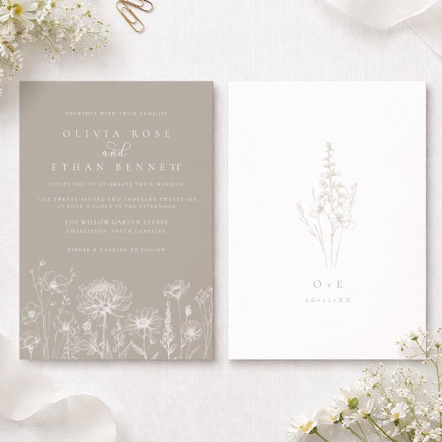 Convite de Casamento Flor Silvestre Neutra Bege (Taupe Wedding Invitation)