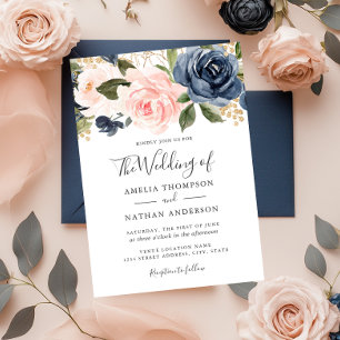 Convite de Casamento Florais Aquarela Bege Azul-Ma